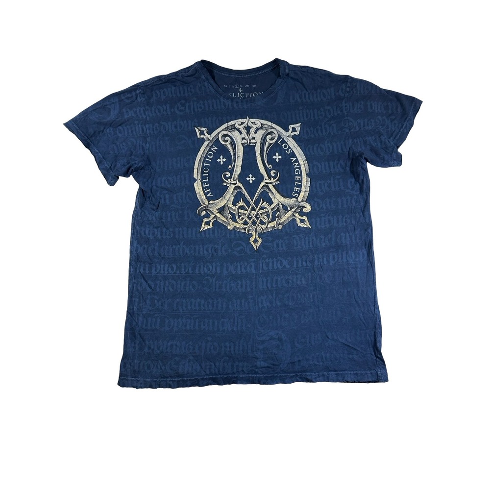 Affliction Mens Graphic T-Shirt Blue Distressed Crest Winged Cross Size L